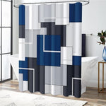 BTTN blue and white abstract cloth shower curtain with included hanging hooks