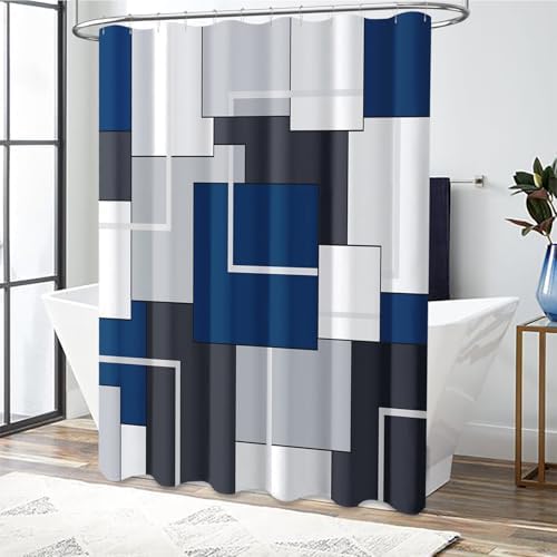 BTTN blue and white abstract cloth shower curtain with included hanging hooks