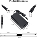 Fosi Audio 240W amplifier power supply angled view highlighting the durable 5.5 by 2.5 millimeter DC barrel plug.