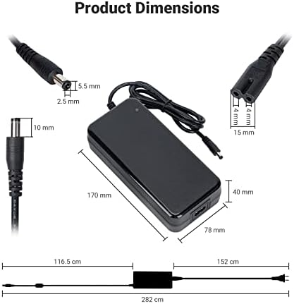 Fosi Audio 240W amplifier power supply angled view highlighting the durable 5.5 by 2.5 millimeter DC barrel plug.