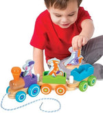 Side angle of multi color wooden farm animal pull train toy displaying the durable fabric string and connection joints.