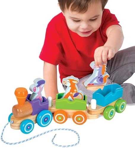 Side angle of multi color wooden farm animal pull train toy displaying the durable fabric string and connection joints.