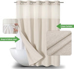 Close up of the hookless open ring system on the cream polyester shower curtain
