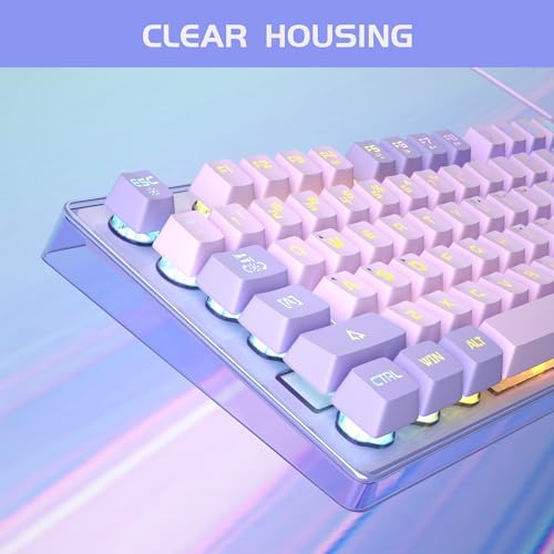 MageGee purple wired 104-key keyboard showing bright RGB LED backlit illumination