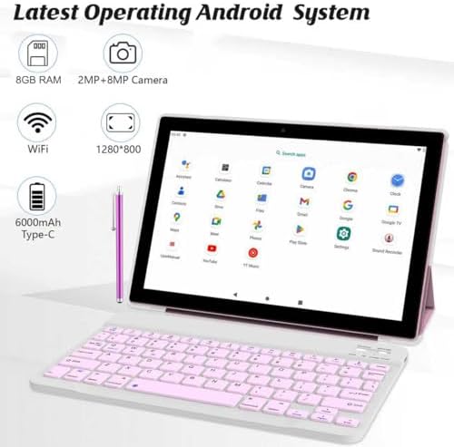 NOVOJOY 2 in 1 Tablet 10 Inch Android 15 Tableta, Tablets with Keyboard, Mouse, Case, Stylus, 32GB ROM+8GB RAM, 2MP+8MP Dual Camera, Quad Core Processor, 6000mAh Battery, 10.1 in FHD Tab Pink - Image 5