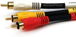 Close up of color coded red white and yellow male plugs on short AV dubbing cord