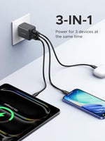 UGREEN triple port compact wall adapter showing two USB-C ports and one USB-A port layout