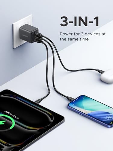 UGREEN triple port compact wall adapter showing two USB-C ports and one USB-A port layout