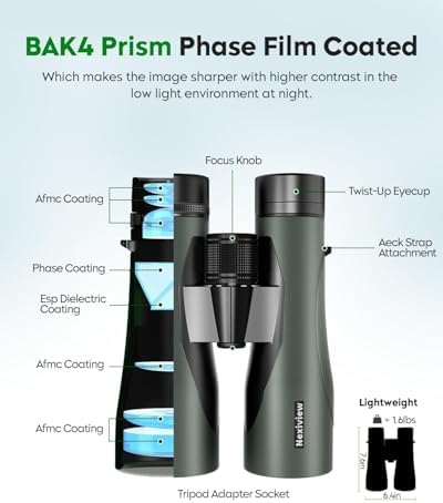 Nexiview HD binoculars showcasing the central focus wheel and right eye diopter adjustment ring.