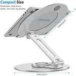 Omoton ergonomic laptop stand swiveling on its rotating base during a collaborative workspace presentation