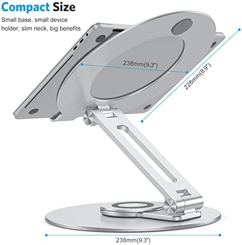 Omoton ergonomic laptop stand swiveling on its rotating base during a collaborative workspace presentation