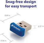 Verbatim 32GB blue nano USB thumb drive plugged into a laptop side port illustrating the 5mm profile.