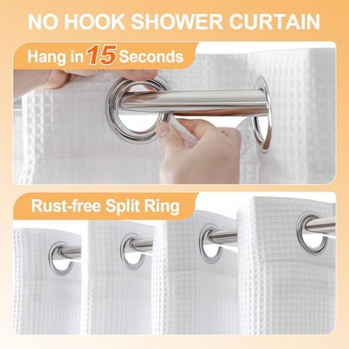 River Dream white shower curtain showing the detachable snap-in fabric liner design