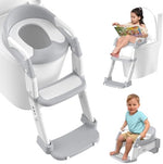 Grey toddler toilet chair with step stool ladder and handles