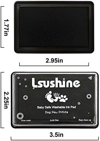 Detailed baby footprint stamp on white cardstock alongside the Lsushine packaging.