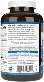 Side profile of Carlson Super DHA Plus Lutein bottle highlighting the IGEN Non-GMO tested certification seal.