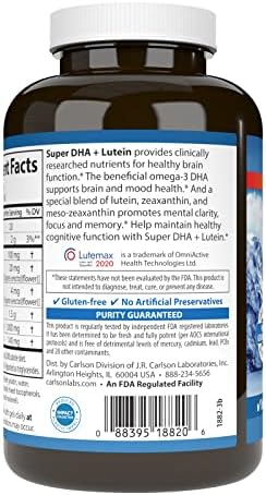 Side profile of Carlson Super DHA Plus Lutein bottle highlighting the IGEN Non-GMO tested certification seal.