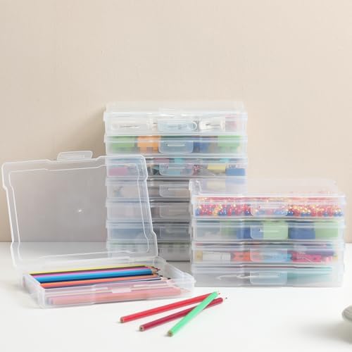 Stack of 12 transparent plastic photo organizer cases