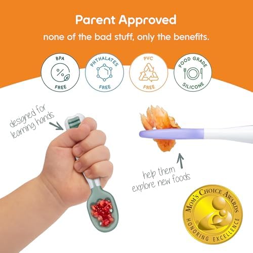 NumNum baby led weaning silicone utensils displayed side by side to show thick contoured handles.