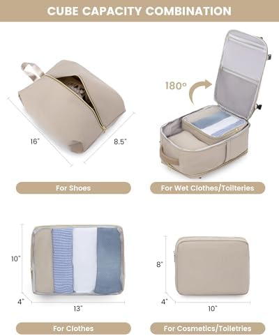 LOVEVOOK premium travel backpack set displayed with the three included packing cubes and independent shoe organizer bag