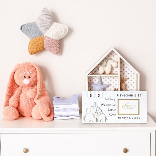 Wooden ultrasound photo frame with handmade elephant string art design on a nursery shelf