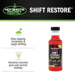Hot Shot's Secret Shift Restore additive container illustrating benefits for CVT and automatic gearboxes.