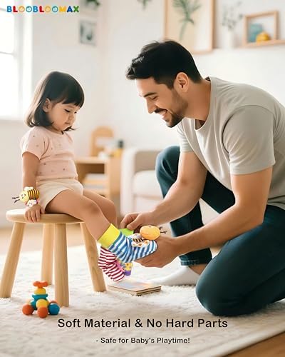 Washable plush baby hand and foot rattle set emphasizing the bright colors and textures.