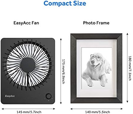 EasyAcc rechargeable cooling fan standing on an office desk showcasing the compact space saving design.