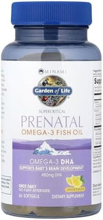 Garden of Life prenatal DHA fish oil supplement bottle showing ingredient label details and supercritical extraction facts