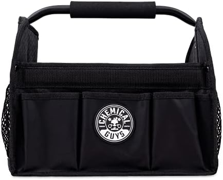 Chemical Guys ACC623 Folding Detail Organizer fully expanded holding multiple car care spray bottles and microfiber towels.