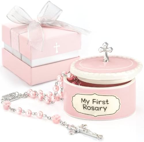 MyMateZoe Baptism Gifts for Girl pink rosary and ceramic keepsake box front view