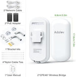 AdaLov CPE467 retail packaging content including two wireless bridge units, PoE power adapters, and installation guide.