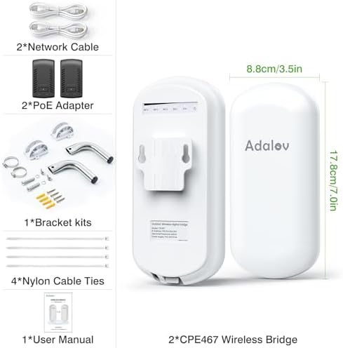 AdaLov CPE467 retail packaging content including two wireless bridge units, PoE power adapters, and installation guide.