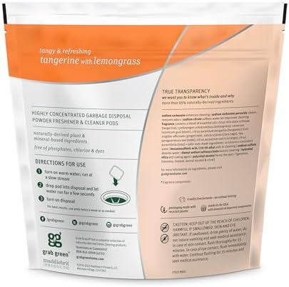 Grab Green garbage disposal cleaner pods packaging showing 12 count label