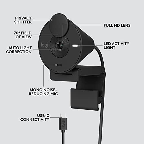 Logitech Brio 301 streaming camera close-up on the built-in mono noise reduction microphone slot.