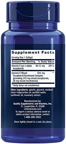 Life Extension full spectrum vitamin E antioxidant supplement label details