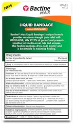 Bactine maximum strength liquid bandage bottle showing active ingredient information.