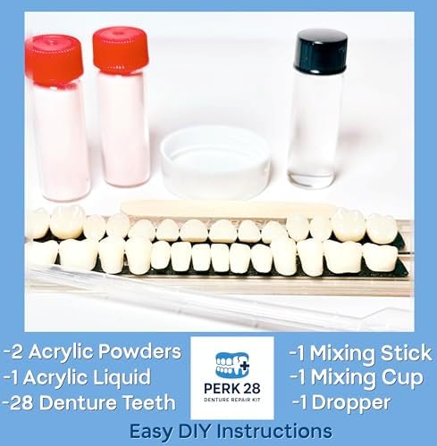 Professional emergency dental repair kit components including resin and 28 teeth.
