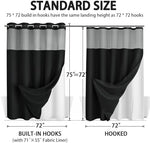 Full length display of the seventy five inch long hookless black hotel style curtain inside a modern shower.