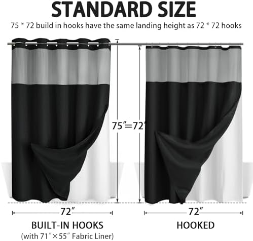 Full length display of the seventy five inch long hookless black hotel style curtain inside a modern shower.