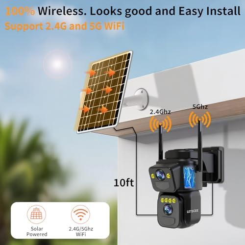 Letscee 5G dual band solar surveillance camera installed on an outdoor garage wall