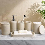 LIN CHUAN modern beige countertop organizer set with two cotton swab jars and a rinsing tumbler arranged on a matching tray