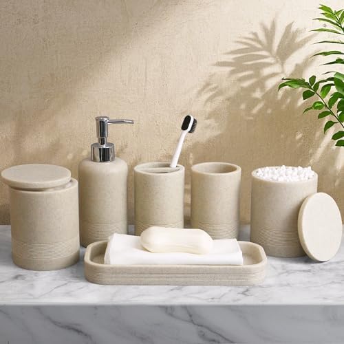 LIN CHUAN modern beige countertop organizer set with two cotton swab jars and a rinsing tumbler arranged on a matching tray
