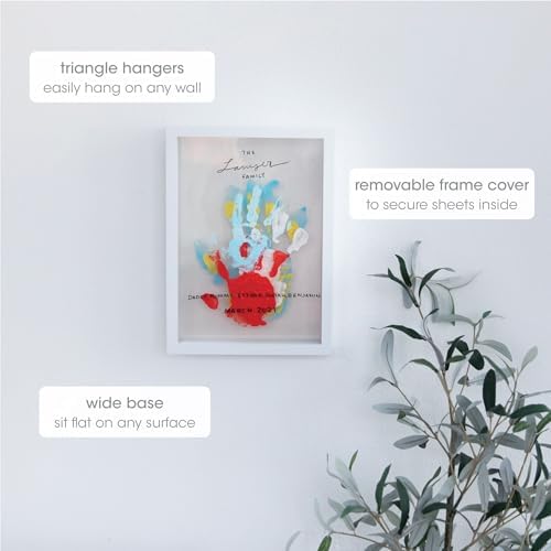 Packaging box details for the Pearhead clear family handprint frame kit designed for expecting parents.