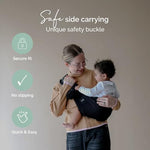 Close up view of the durable double-lined cotton material and heavy-duty safety buckle.