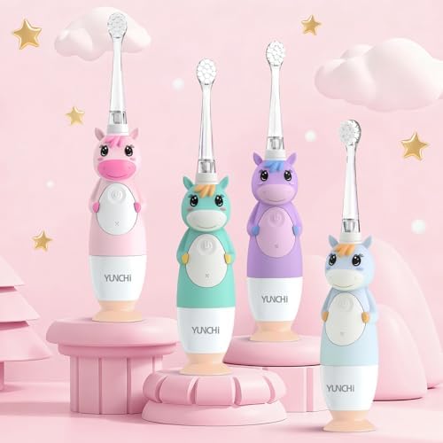 YUNCHI K3 baby toothbrush with colorful LED light active during use.