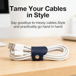 Compact PU leather earphone cord winder being opened to demonstrate the secure metal fastener
