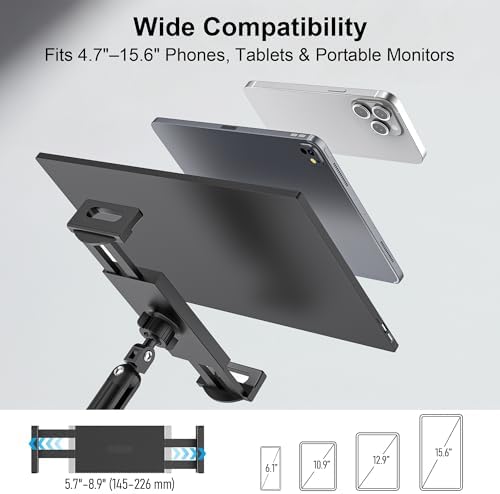 TeQable multi stage articulating metal tablet stand showing high tension joint adjustability features.