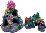 Side angle of the resin mountain cave hideout showing detailed swim-through holes for betta fish.
