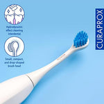 Side view of two purple and blue Curaprox replacement toothbrush heads